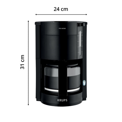 Krups F30908 ProAroma Filterkaffeemaschine mit Glaskanne, 1,25L Füllmenge, 10-15 Tassen, 1050W, Schwarz