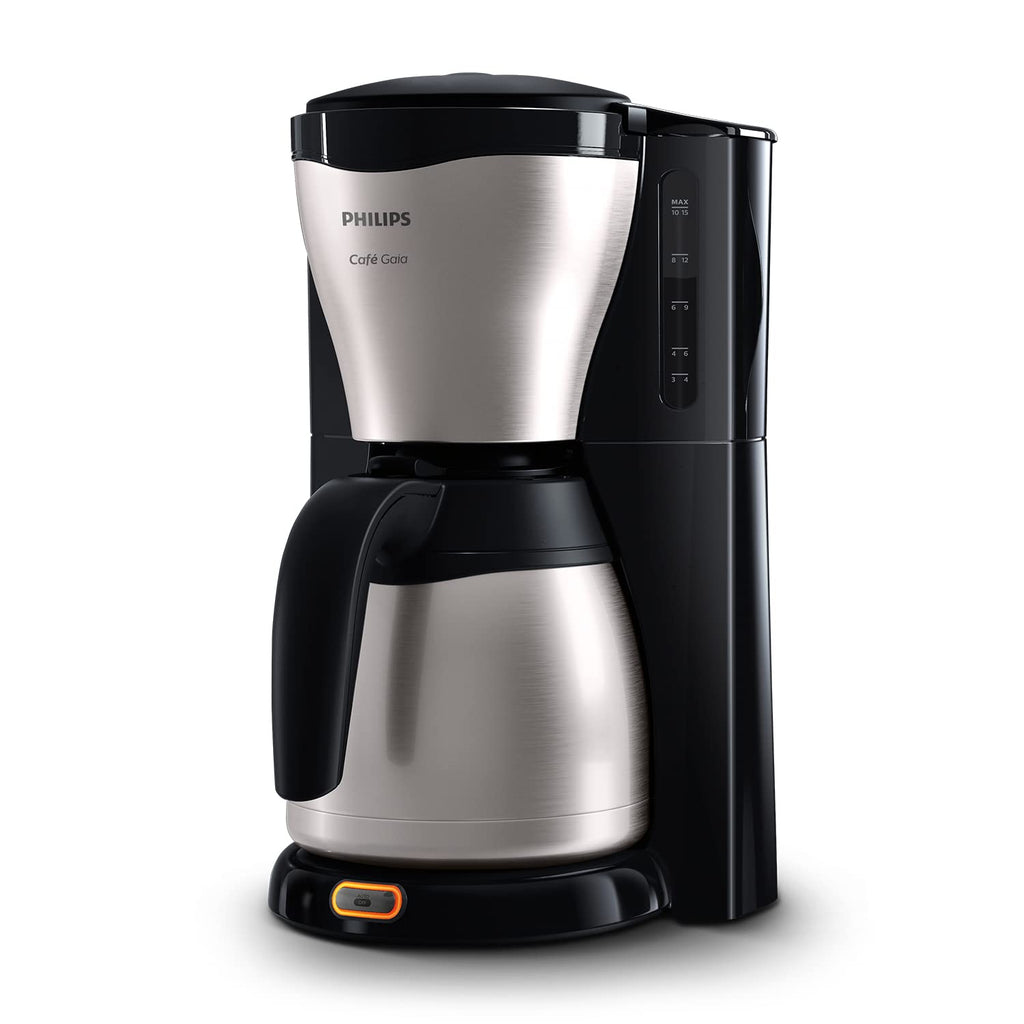 Philips Café Gaia Filterkaffeemaschine – Edelstahl-Thermoskanne, Tropf-Stopp, Intensives Aroma, Automatische Abschaltung, 1.300 ml, Schwarz (HD7546/20)