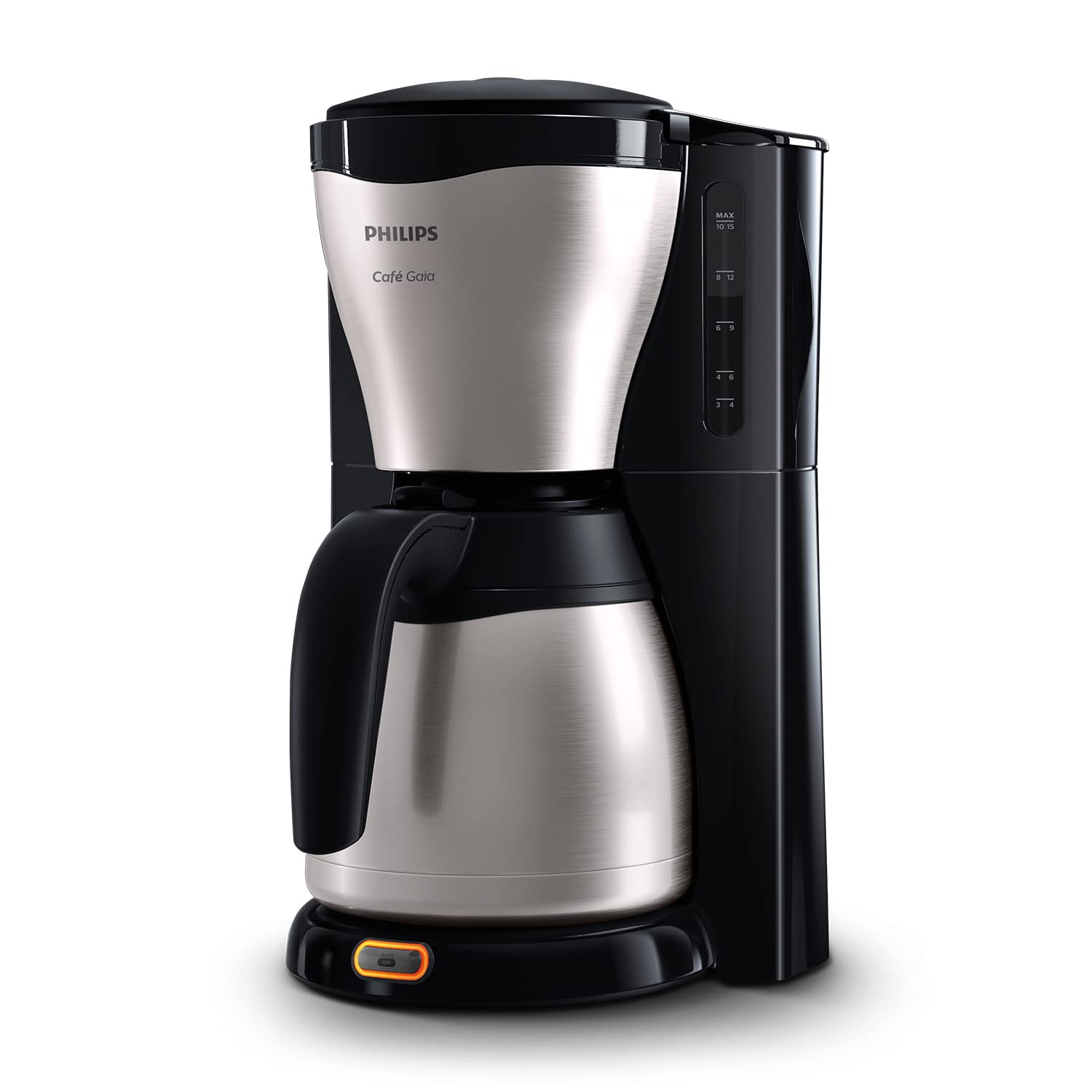 Philips Café Gaia Filterkaffeemaschine – Edelstahl-Thermoskanne, Tropf-Stopp, Intensives Aroma, Automatische Abschaltung, 1.300 ml, Schwarz (HD7546/20)
