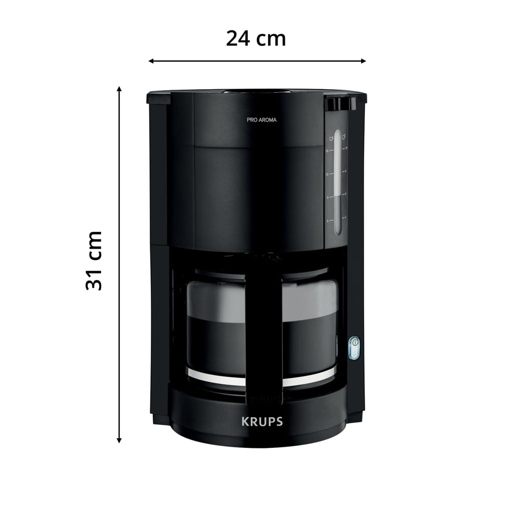 Krups F30908 ProAroma Filterkaffeemaschine mit Glaskanne, 1,25L Füllmenge, 10-15 Tassen, 1050W, Schwarz
