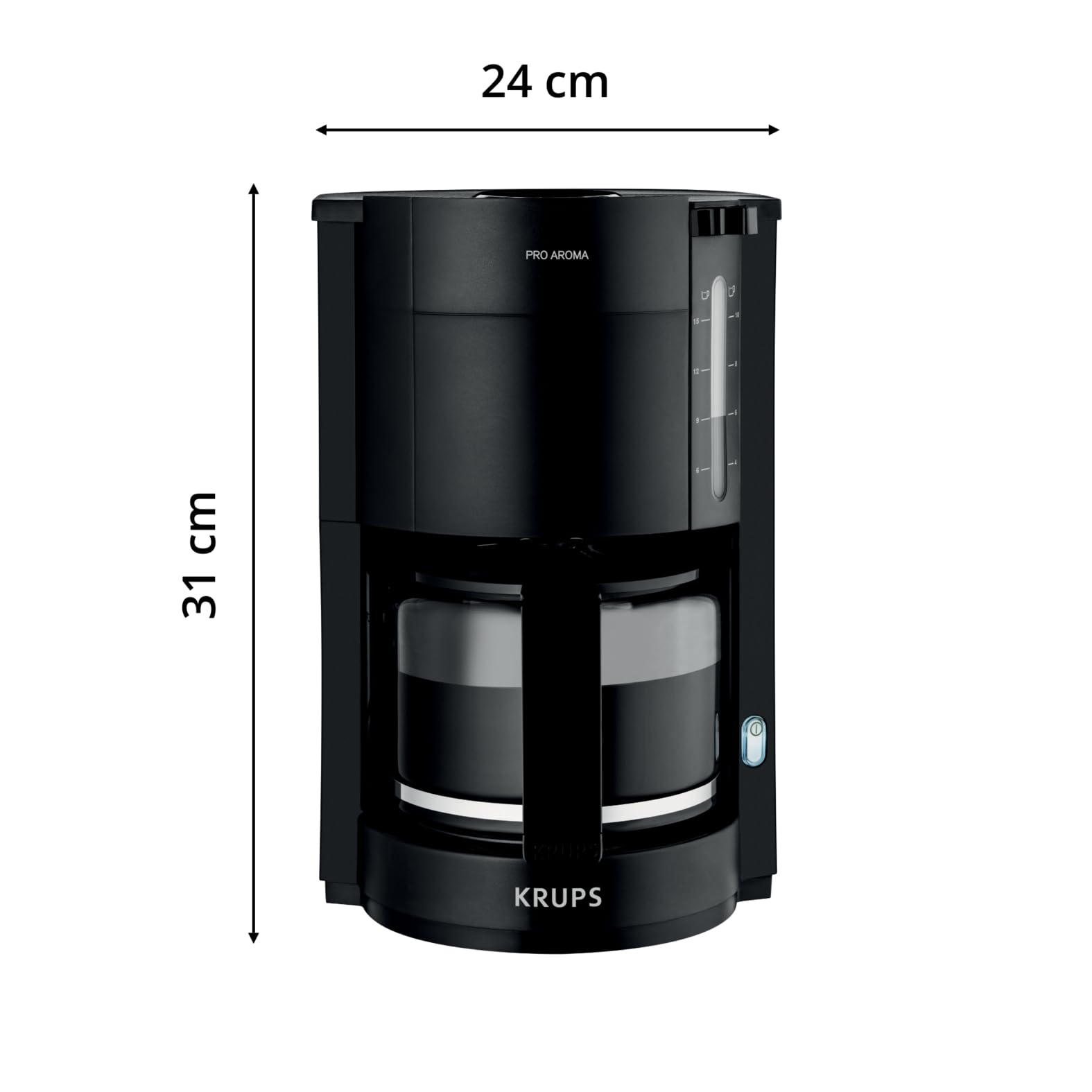 Krups F30908 ProAroma Filterkaffeemaschine mit Glaskanne, 1,25L Füllmenge, 10-15 Tassen, 1050W, Schwarz