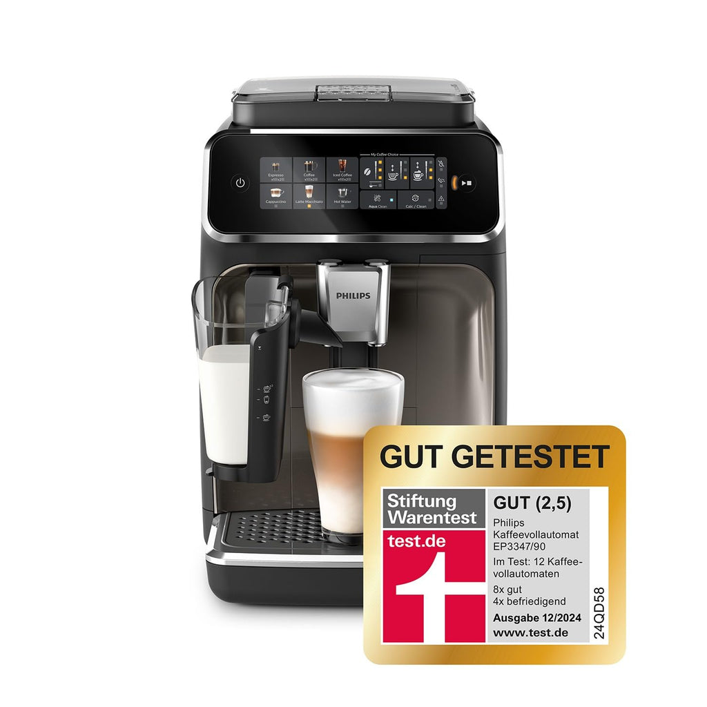 Philips 3300 Series Kaffeevollautomat - 6 Getränke, Modernes Farb-Touchscreen-Display, LatteGo-Milchsystem, SilentBrew, 100% Keramikmahlwerk, AquaClean Filter, Schwarzchrom (EP3347/90)