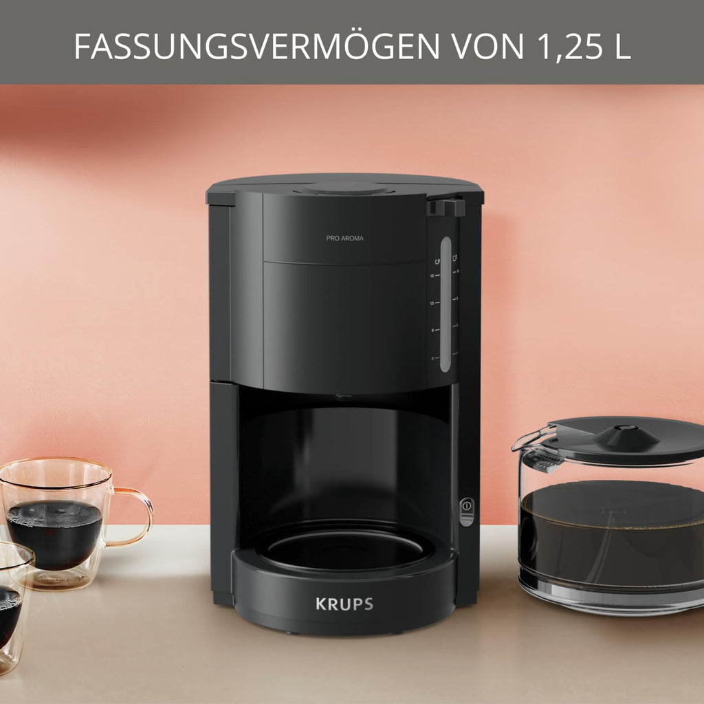 Krups F30908 ProAroma Filterkaffeemaschine mit Glaskanne, 1,25L Füllmenge, 10-15 Tassen, 1050W, Schwarz