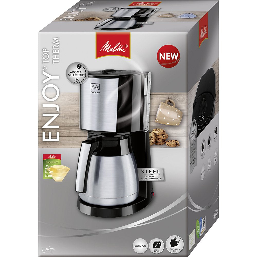 Melitta Enjoy Top Therm – Filterkaffeemaschine mit Thermkanne aus Edelstahl, für bis zu 10 Tassen Kaffee, in Schwarz/Edelstahl