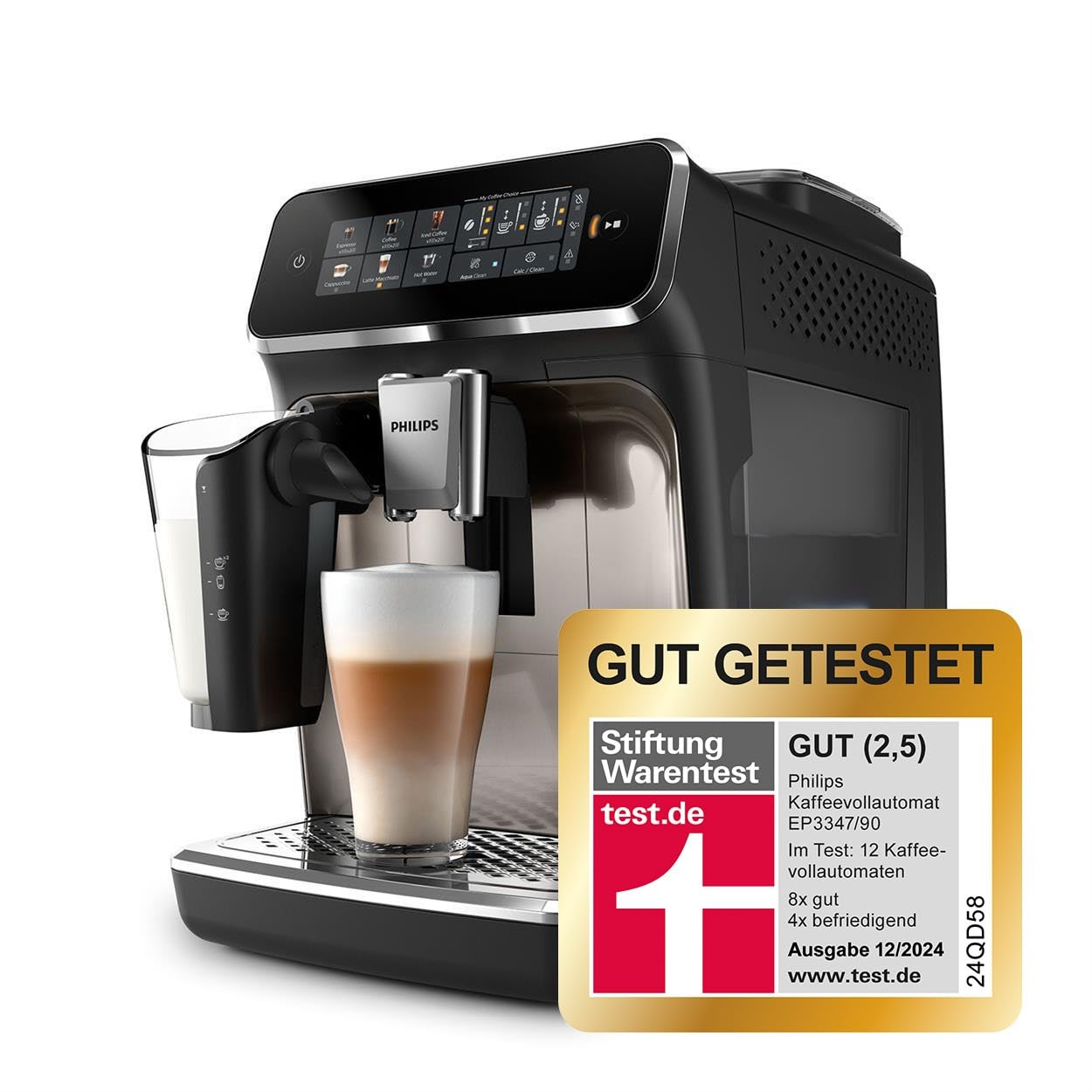 Philips 3300 Series Kaffeevollautomat - 6 Getränke, Modernes Farb-Touchscreen-Display, LatteGo-Milchsystem, SilentBrew, 100% Keramikmahlwerk, AquaClean Filter, Schwarzchrom (EP3347/90)