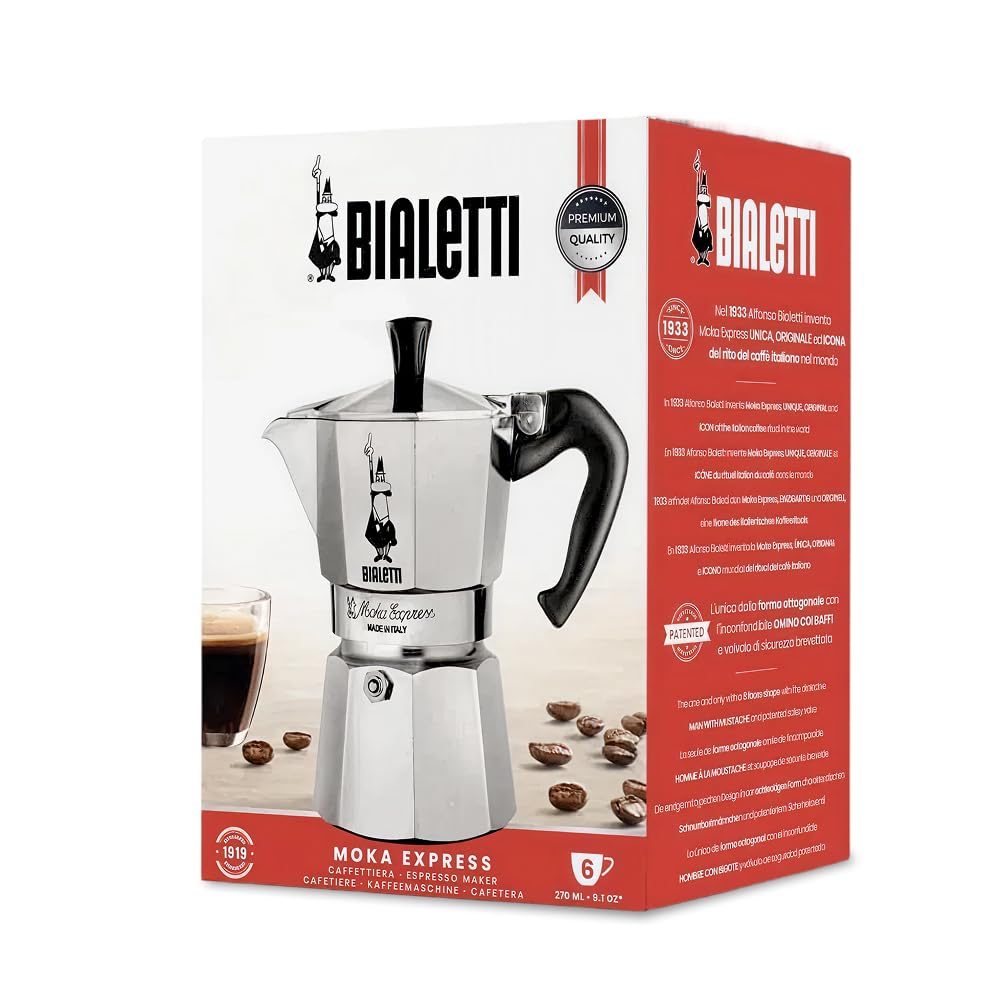 Bialetti Moka Express Ikonische Herdplatten-Espressomaschine, Aluminium, 270 ml, Silber/Schwarz