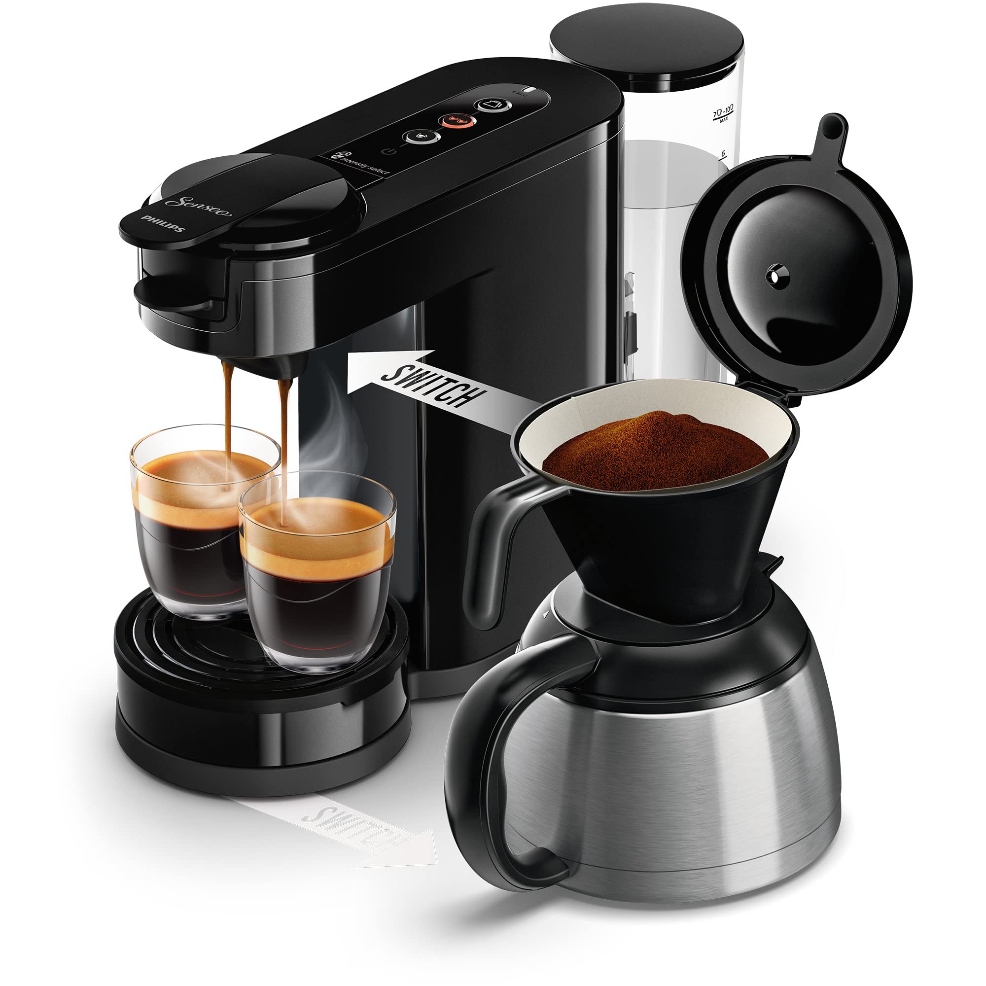 Philips Senseo Switch Pad- und Filterkaffeemaschine, 2-in-1-Brühtechnologie, 1-Liter-Wasserbehälter, 7 Tassen in einem Durchgang, Klavierlackschwarz (HD6592/64)