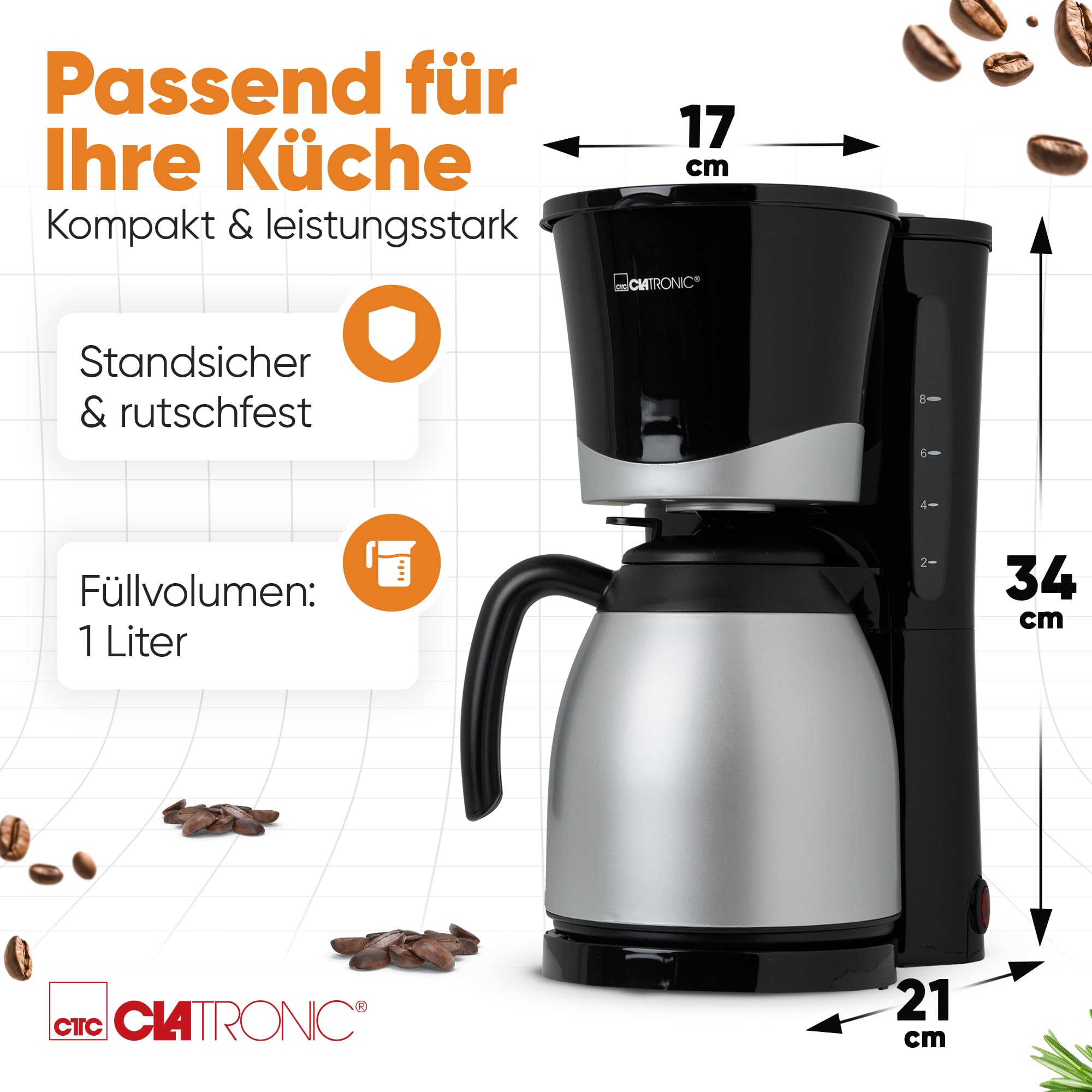 Clatronic® Kaffeemaschine mit Thermoskanne | für 8-10 Tassen Kaffee | kein Temperaturverlust | Filterkaffeemaschine | 1 Liter | Coffee machine | Filterkaffeemaschine mit Thermoskanne | KA 3327 schwarz