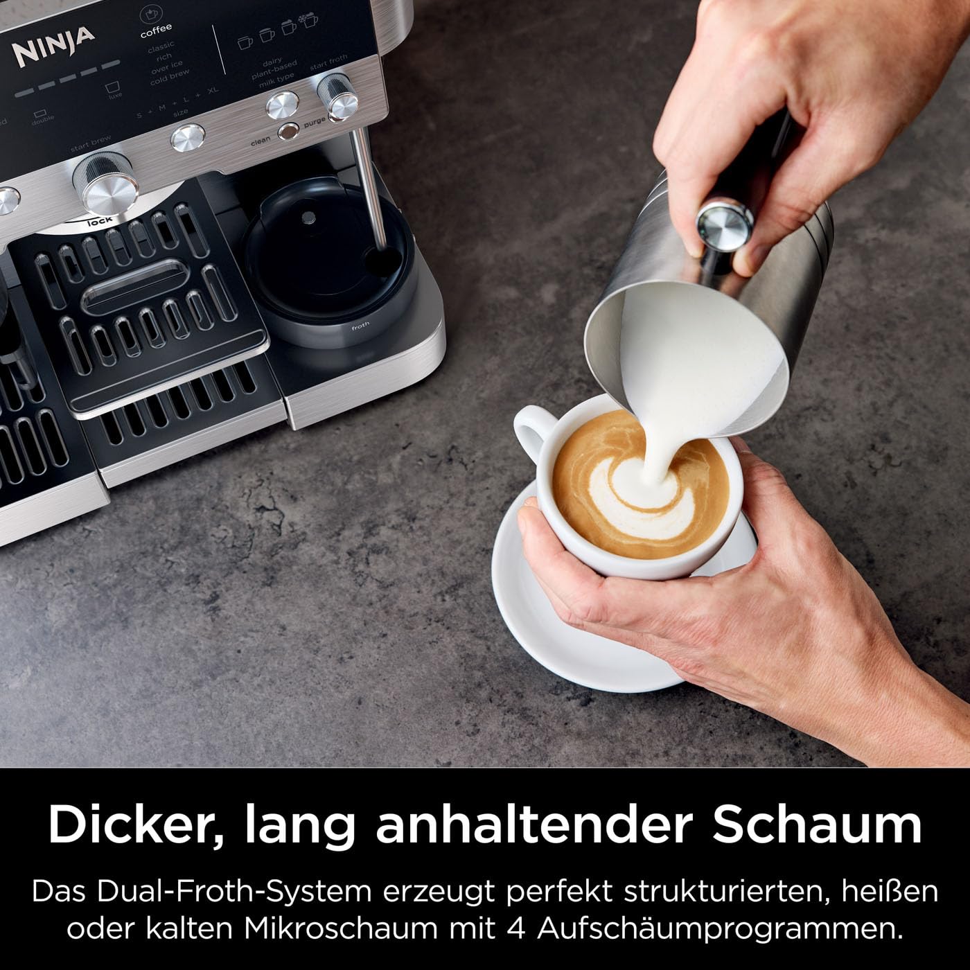 Ninja Luxe Premier 3-in-1 Kaffeemaschine mit Mahlwerk, Aufschäumer für Latte, Cappuccino, Cold Brew & Espresso, bis 2 Tassen, 4 Aufschäum-Voreinstellungen, Silber