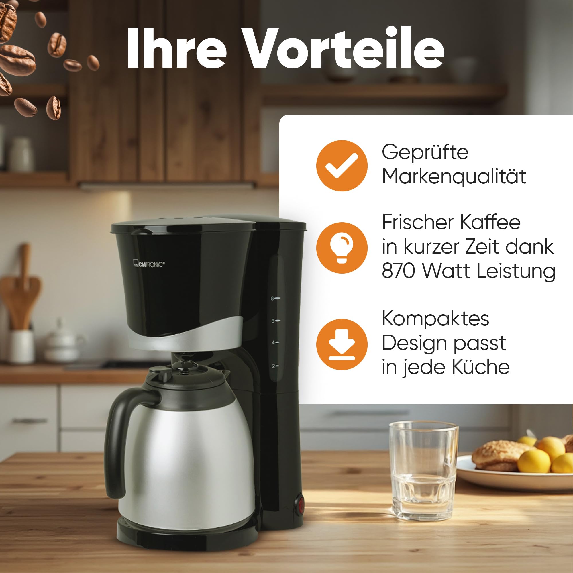 Clatronic® Kaffeemaschine mit Thermoskanne | für 8-10 Tassen Kaffee | kein Temperaturverlust | Filterkaffeemaschine | 1 Liter | Coffee machine | Filterkaffeemaschine mit Thermoskanne | KA 3327 schwarz
