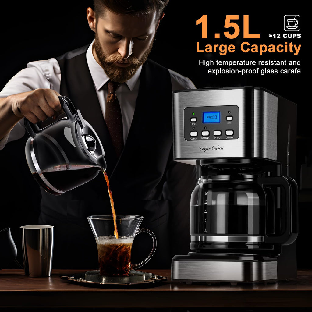 Taylor Swoden Darcy - 950W Kaffeemaschine mit Timer,1.5L Filterkaffeemaschine 12 Tassen, Abschaltautomatik, Tropf-Stopp, Wiederverwendbarem Filter und Heizplatte, BPA-frei, Schwarz