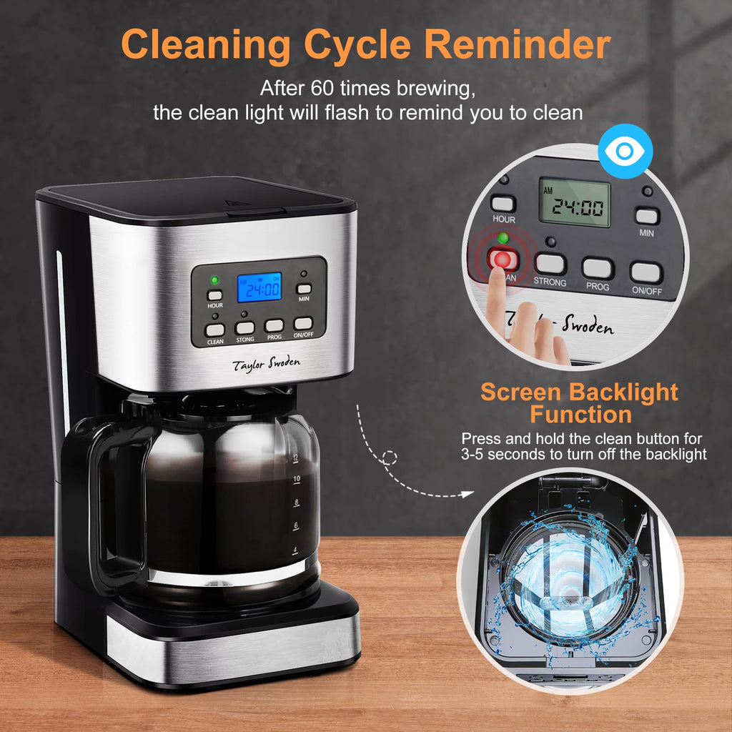 Taylor Swoden Darcy - 950W Kaffeemaschine mit Timer,1.5L Filterkaffeemaschine 12 Tassen, Abschaltautomatik, Tropf-Stopp, Wiederverwendbarem Filter und Heizplatte, BPA-frei, Schwarz