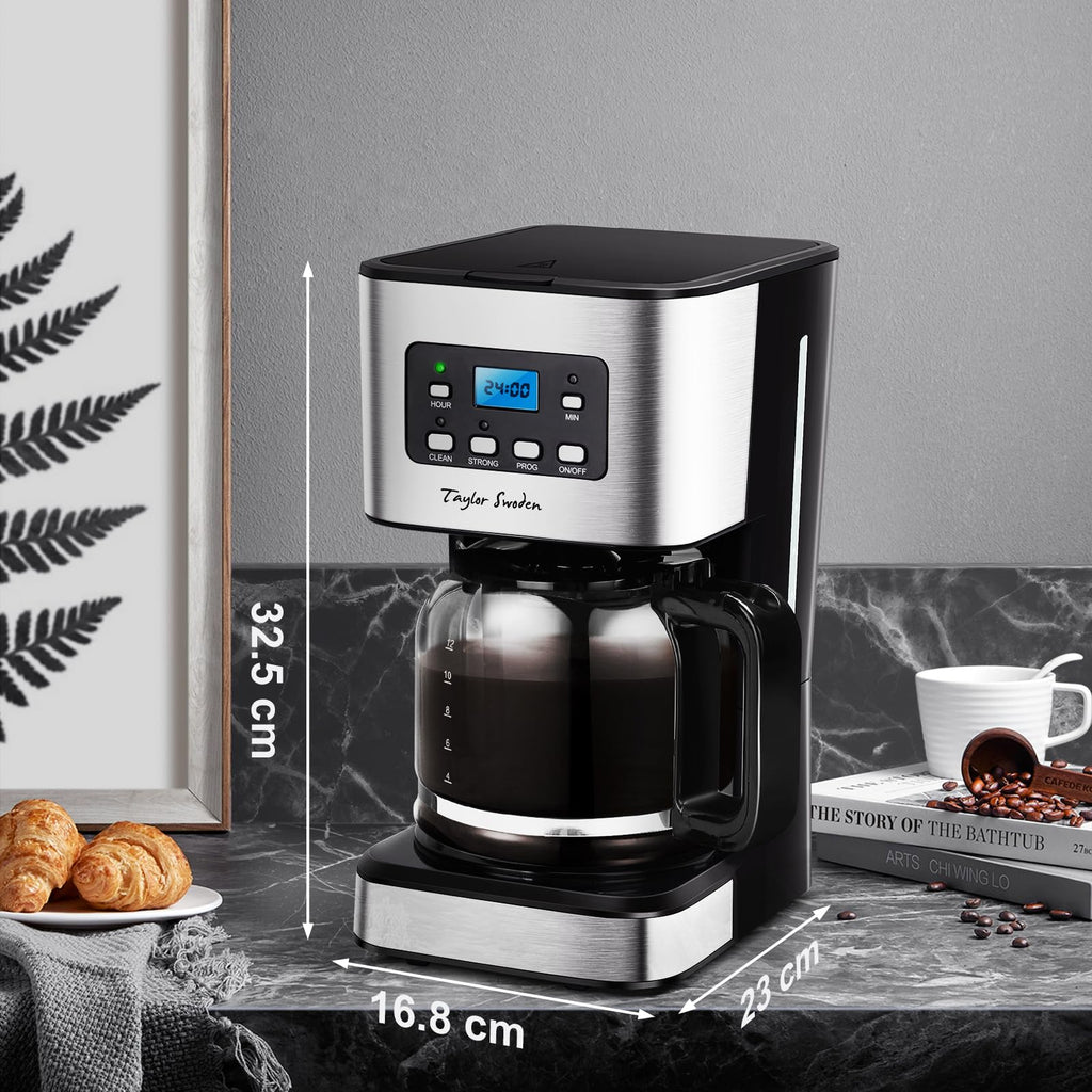 Taylor Swoden Darcy - 950W Kaffeemaschine mit Timer,1.5L Filterkaffeemaschine 12 Tassen, Abschaltautomatik, Tropf-Stopp, Wiederverwendbarem Filter und Heizplatte, BPA-frei, Schwarz