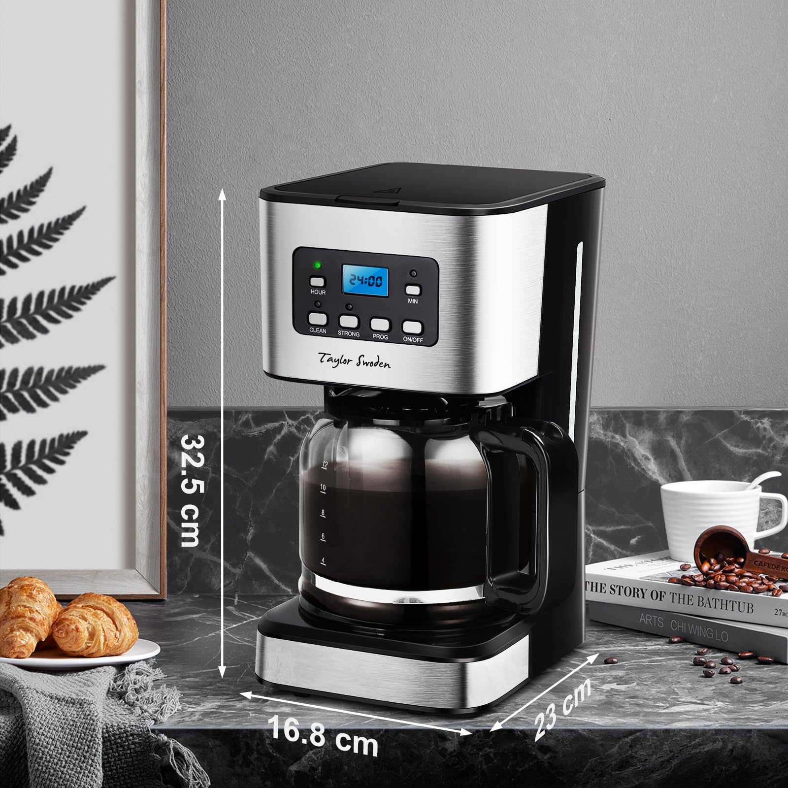 Taylor Swoden Darcy - 950W Kaffeemaschine mit Timer,1.5L Filterkaffeemaschine 12 Tassen, Abschaltautomatik, Tropf-Stopp, Wiederverwendbarem Filter und Heizplatte, BPA-frei, Schwarz